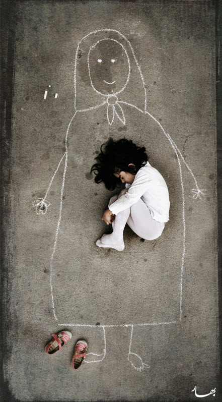 girl curled up inside chalk drawing
